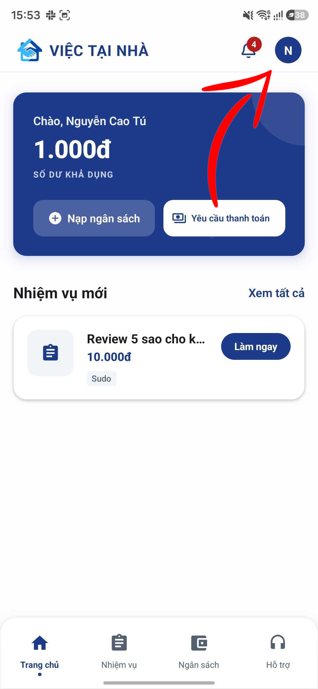 Nhấn vào tài khoản ở góc phải.