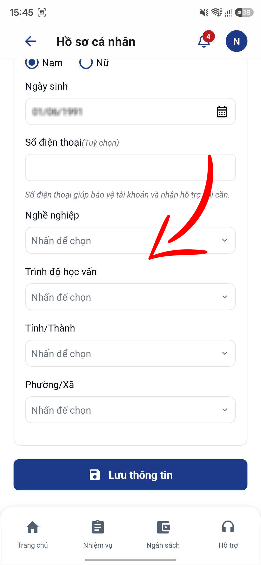 Bấm lưu thông tin để lưu lại